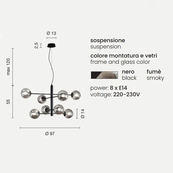 Lampada a sospensione ELISEO 97 cm a 8 Luci in metallo Nero e vetro soffiato Fumč