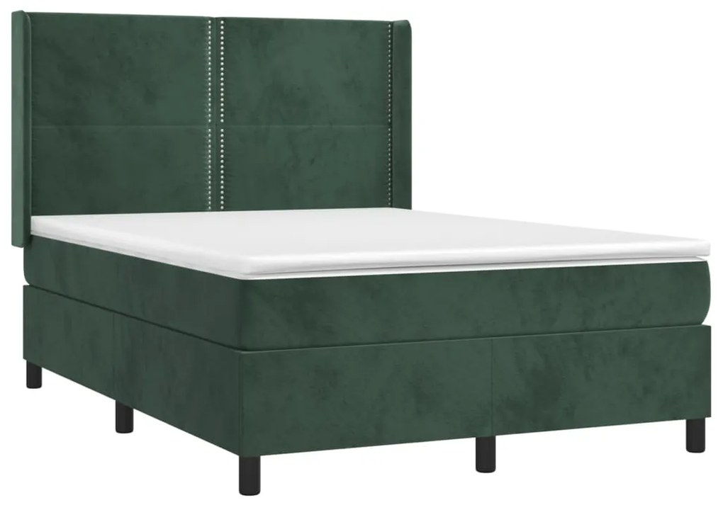 Letto a molle con materasso e led verde scuro 140x190cm velluto