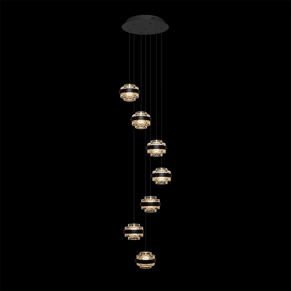 Lampadario A Sospensione Moderno Geo 7 Luci Acrilico Pulegoso Nero Opaco Led 35W