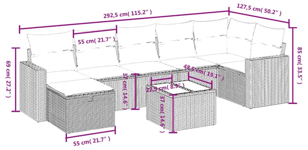 Set divano da giardino 8 pz con cuscini grigio in polyrattan