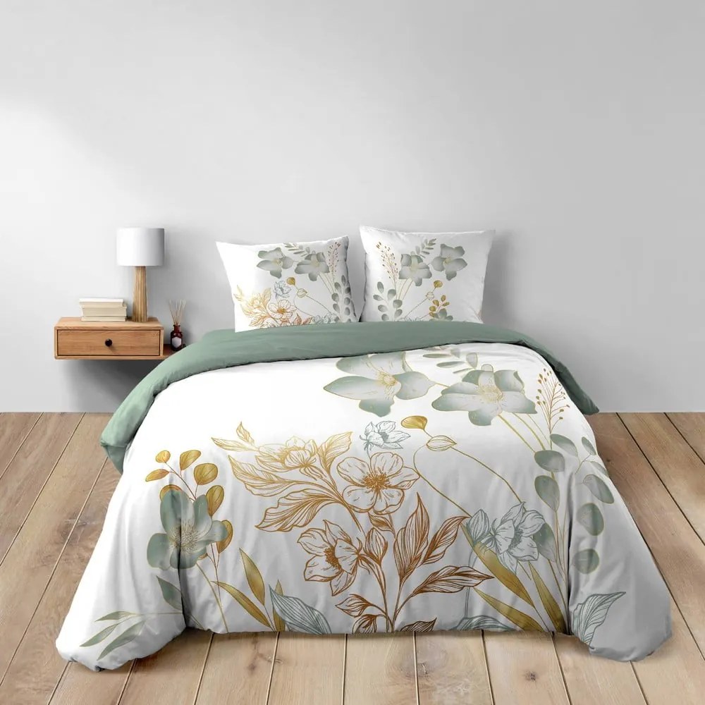 Set copripiumino e federa bianco/verde in cotone per letto matrimoniale ed esteso 240x220 cm Lolita – douceur d'intérieur