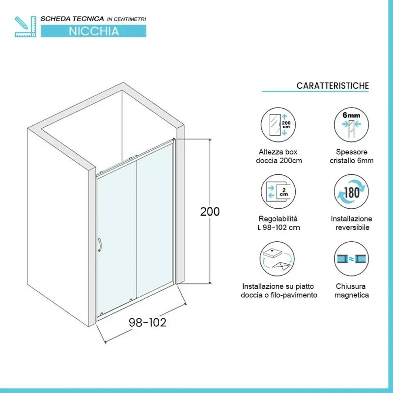 Porta doccia nicchia 100 cm scorrevole con vetro in cristallo trasparente Ted