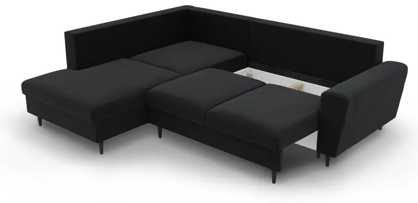 Divano angolare nero allungabile e con contenitore (con penisola a sinistra/a L) con rivestimento in velluto Kyoto – Cosmopolitan Design