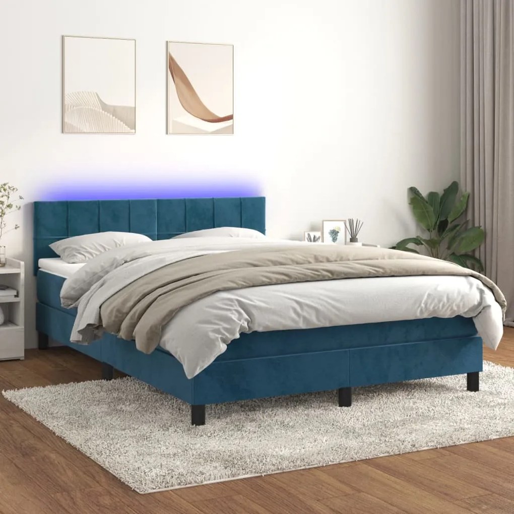 Letto a Molle con Materasso e LED Blu Scuro 140x200 cm