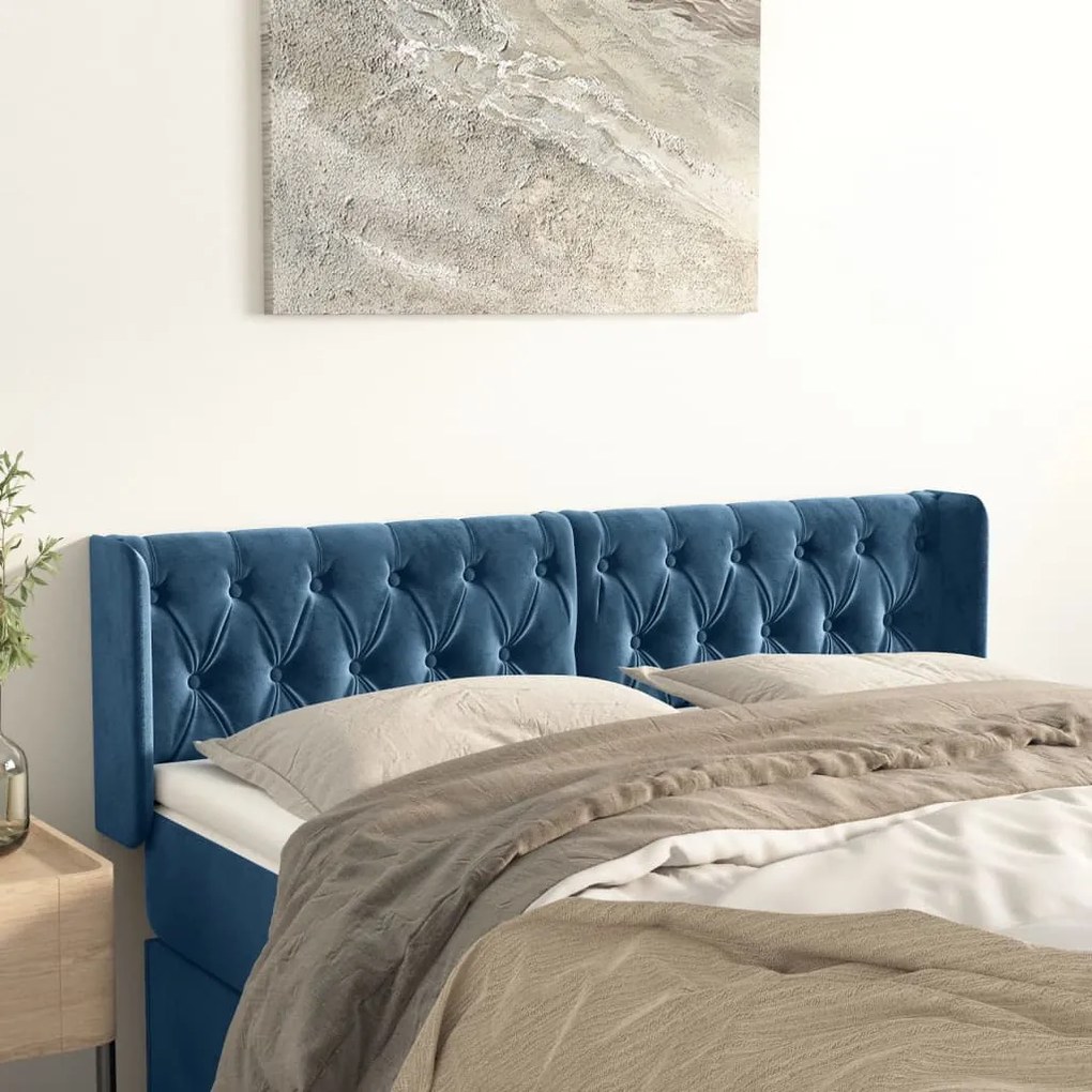 Testiera Ad Orecchio Blu Scuro 147x16x78/88 Cm İn Velluto /