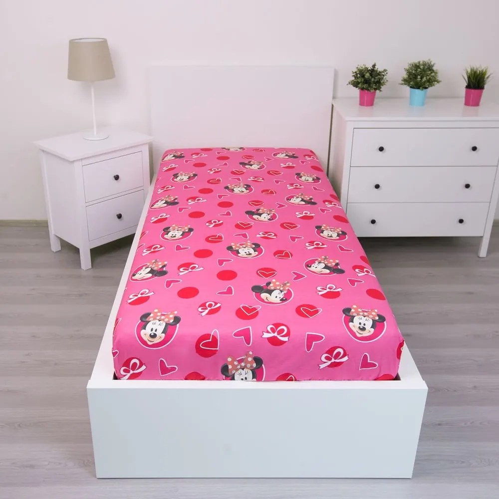 Lenzuolo con angoli per bambini rosa in cotone 90x200 cm Minnie "Hearts" – Jerry Fabrics
