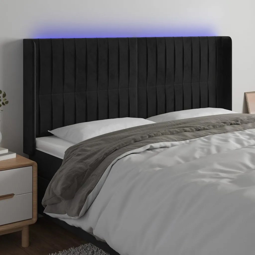 Testiera A Led Nera 203x16x118/128 Cm İn Velluto /