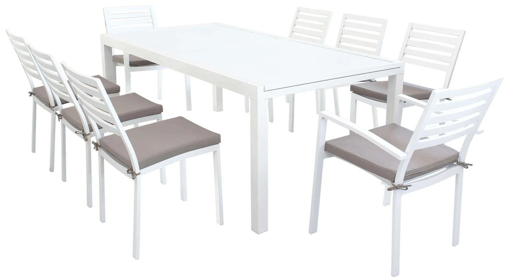 DEXTER - set tavolo in alluminio cm 200/300 x 100 x 74 h con 6 sedie e 2 poltrone Dexter