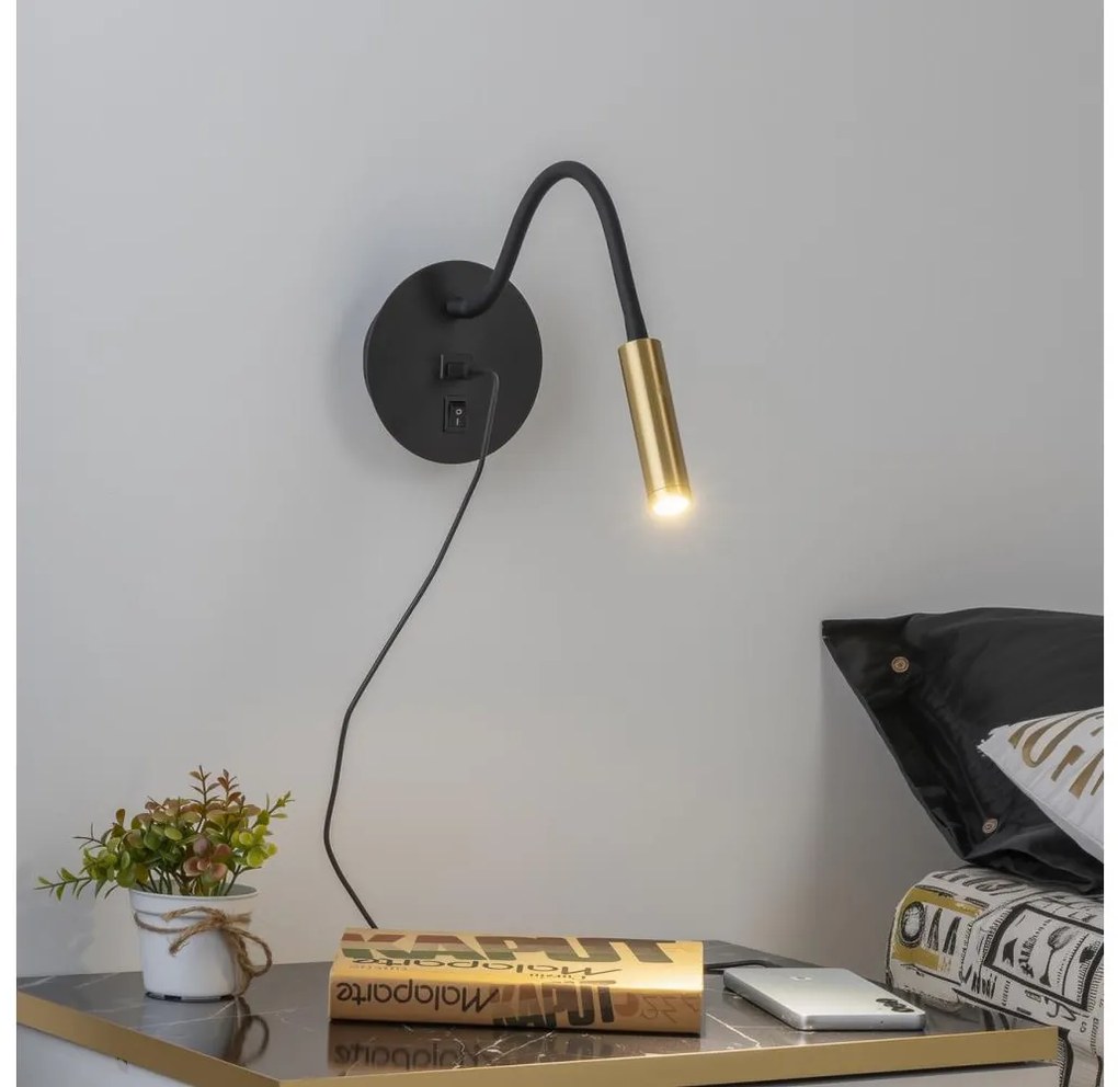 Brilagi -LED Lampada flessibile da muro con porta USB MAYA LED/3W/230V nero/oro