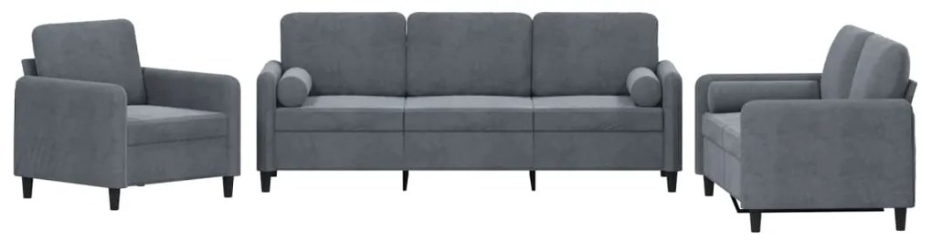 Set di divani 3 pz con cuscini grigio scuro in velluto
