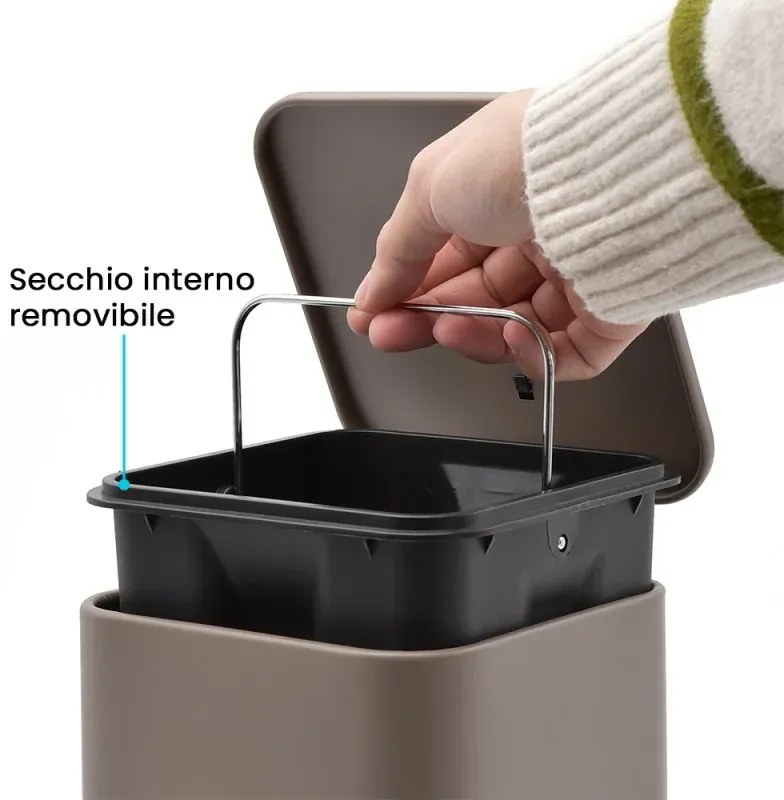 Pattumiera bagno 3lt in acciaio tortora con apertura a pedale e cesto estraibile