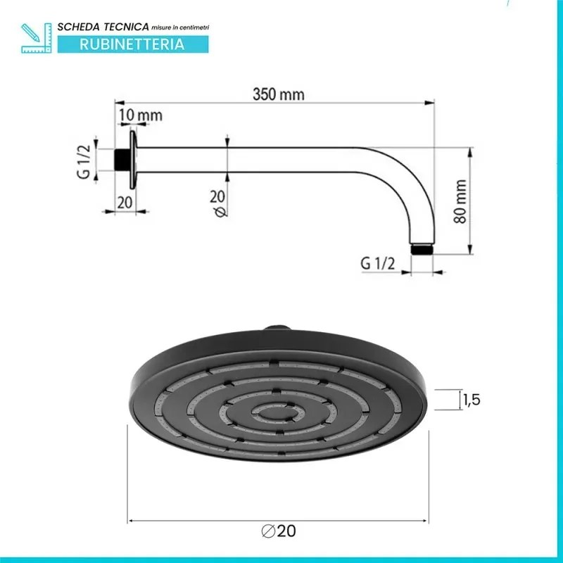 Set Soffione doccia Ø 20 cm e braccio di 35 cm in finitura nero anticalcare Hidra