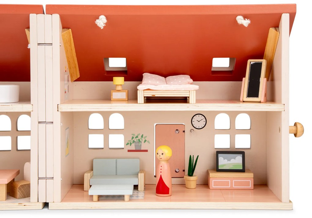 Casa delle bambole pieghevole in legno con mobili