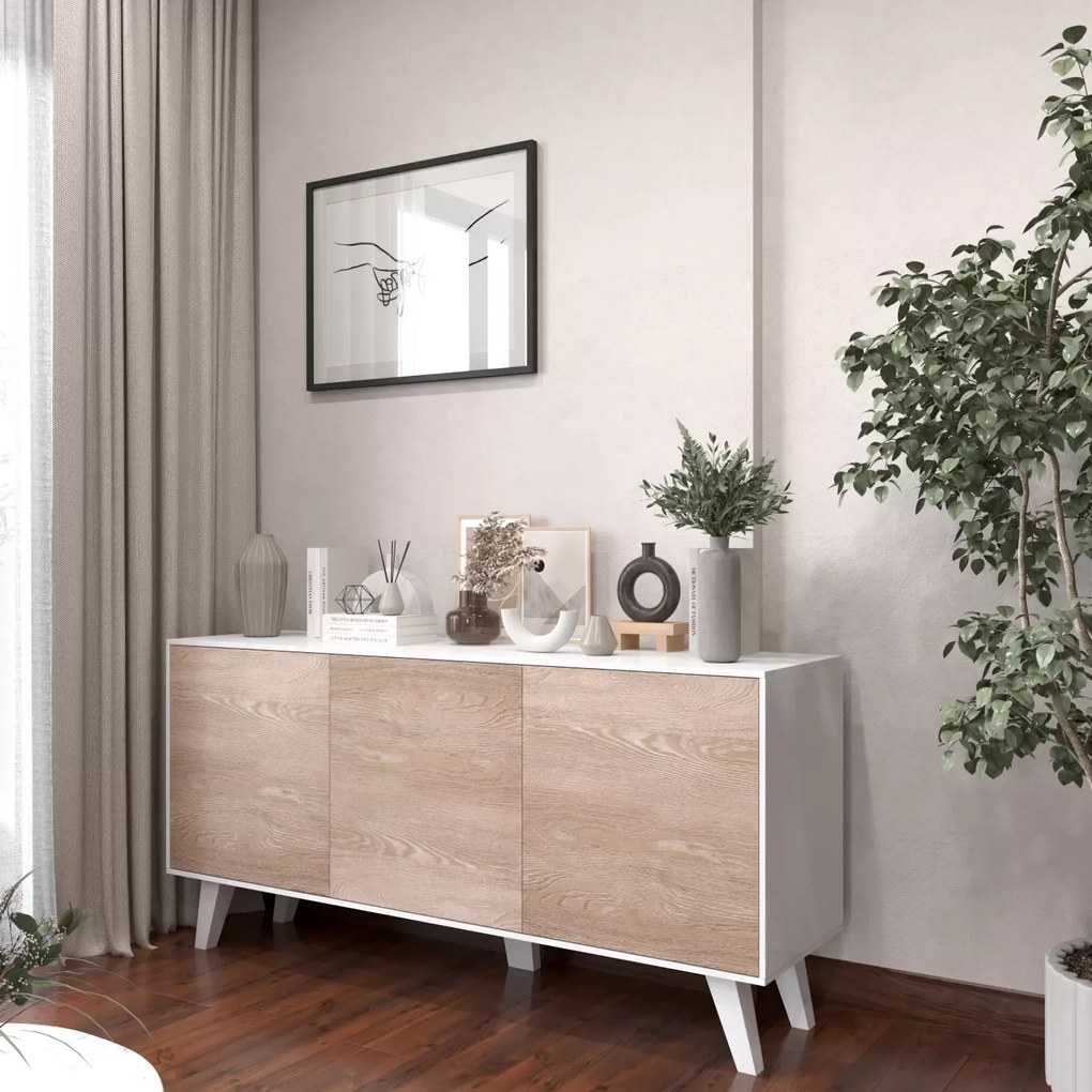 Credenza Gijòn Mobile Mobiletto Soggiorno Salotto Ingresso Sala da Pranzo 3 Ante 154 x 41 x 75 cm Colore Bianco Lucido Rovere Chiaro