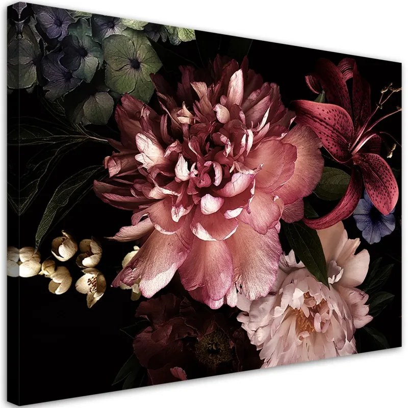 Quadro su tela, Un bouquet di fiori su uno sfondo scuro  Dimensioni 60x40