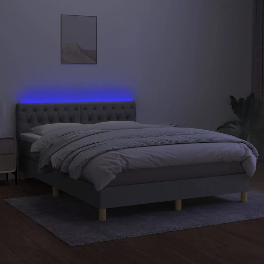 Letto a molle materasso e led grigio chiaro 140x200 cm tessuto