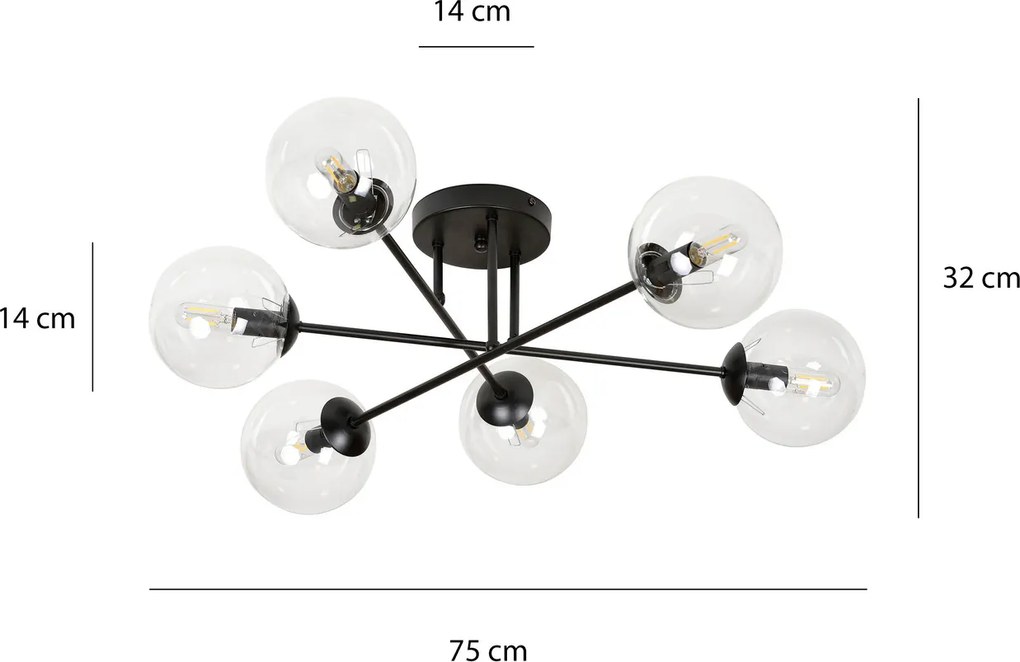 Lampadario da soffitto Brendi 6B Nero con sfere trasparenti E14