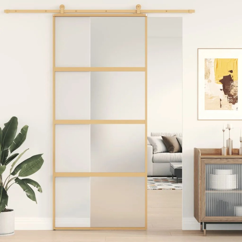Porta Scorrevole Dorata 90x205 Vetro Smerigliato Esg Alluminio /