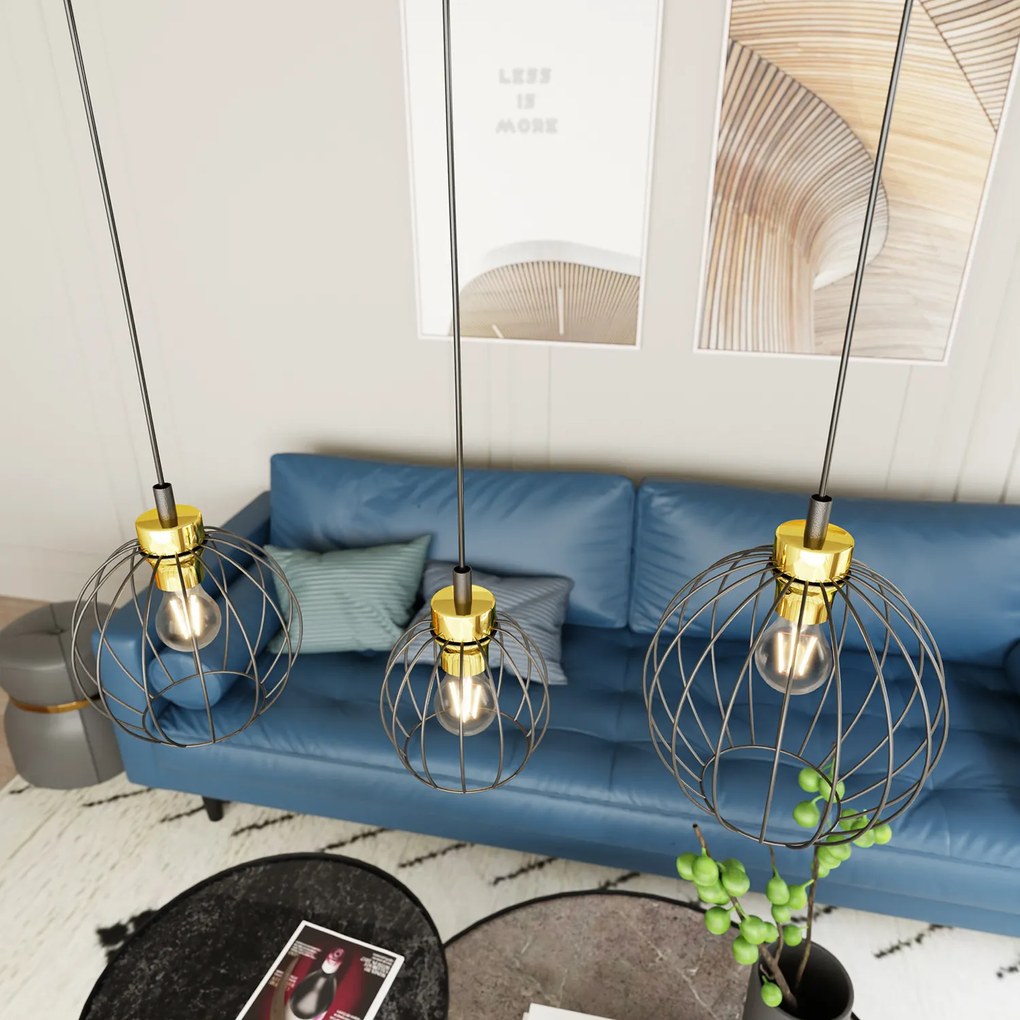 Sospensione Minimal Industrial Hathor 3 Luci Lineari Nera E Oro