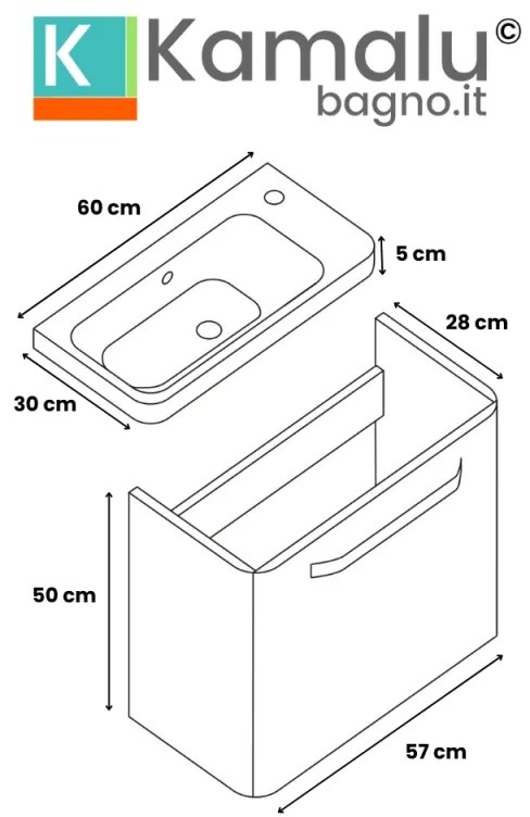 Kamalu - Mobiletto bagno 60 cm profondità ridotta colore rovere | LAC-IRIS-60-R
