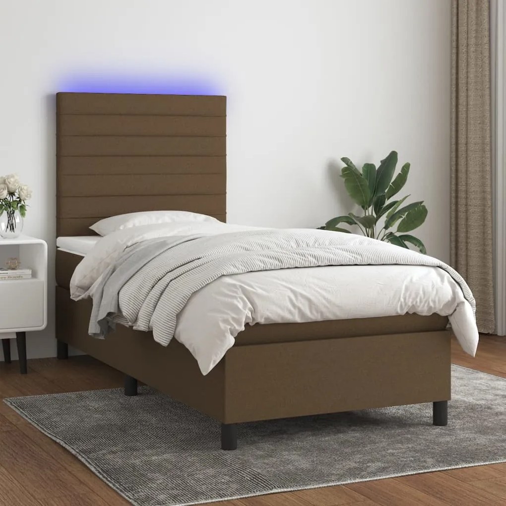 Letto a molle materasso e led marrone scuro 80x200cm in tessuto