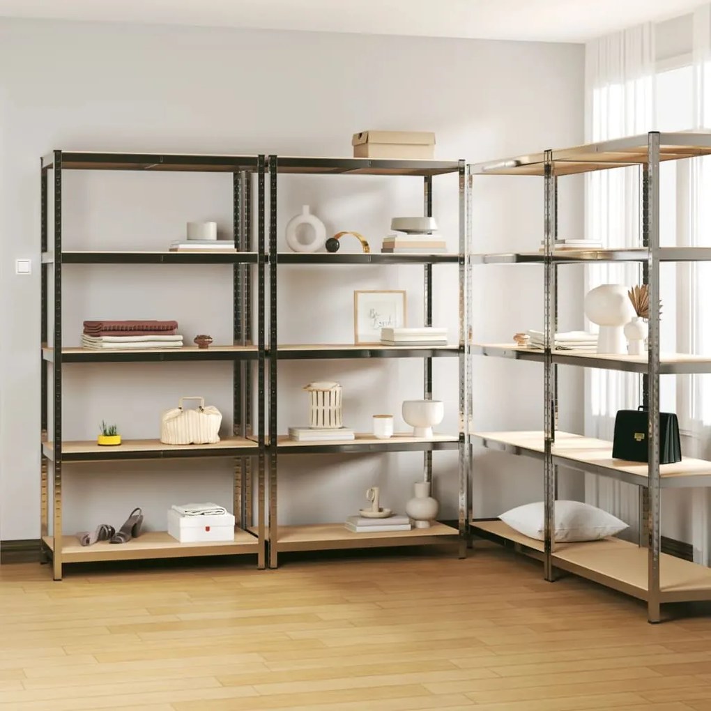 Scaffali 5 Ripiani 4 Pz Argento İn Acciaio E Legno Multistrato /