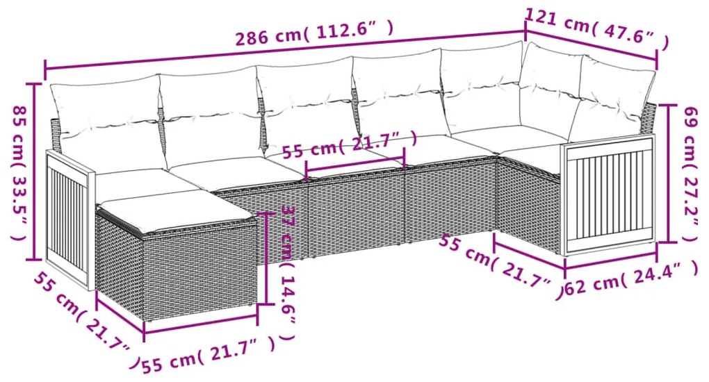 Set divani da giardino con cuscini 7pz nero polyrattan