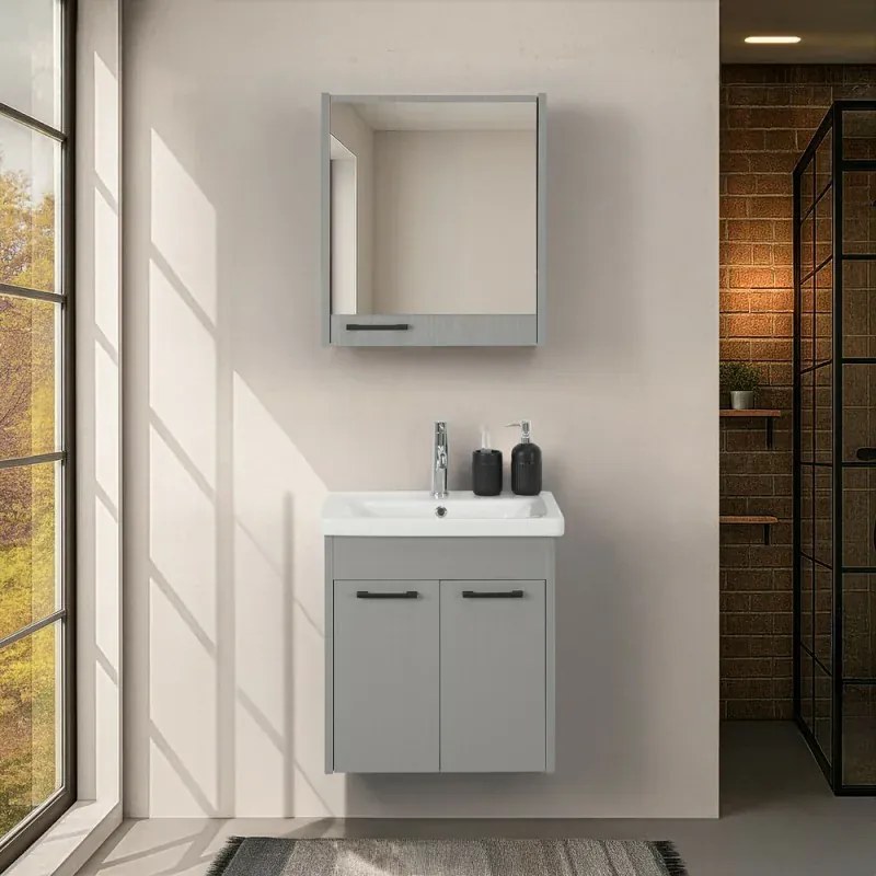 Mobile bagno sospeso 55 cm grigio chiaro effetto legno con armadietto a specchio Sofia