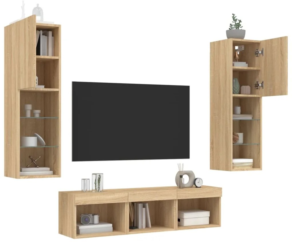 Mobili tv a muro con led 5pz rovere sonoma legno multistrato