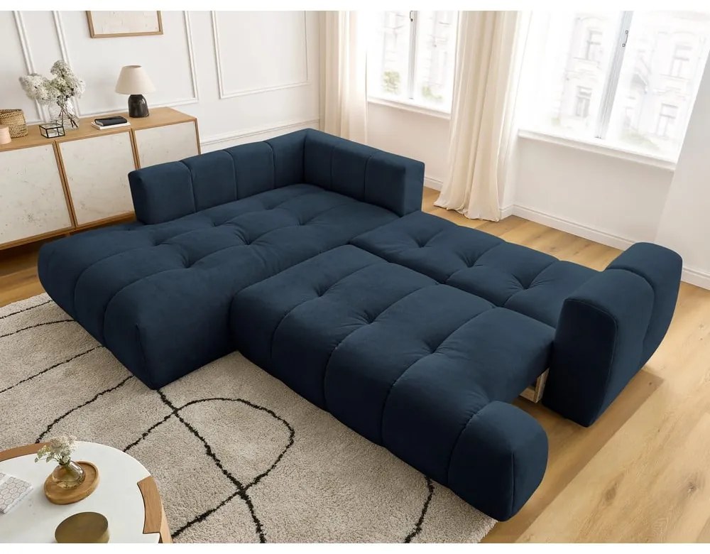 Divano angolare blu scuro allungabile e con contenitore (penisola a sinistra/a L) con rivestimento in ciniglia Fuji – Bobochic Paris