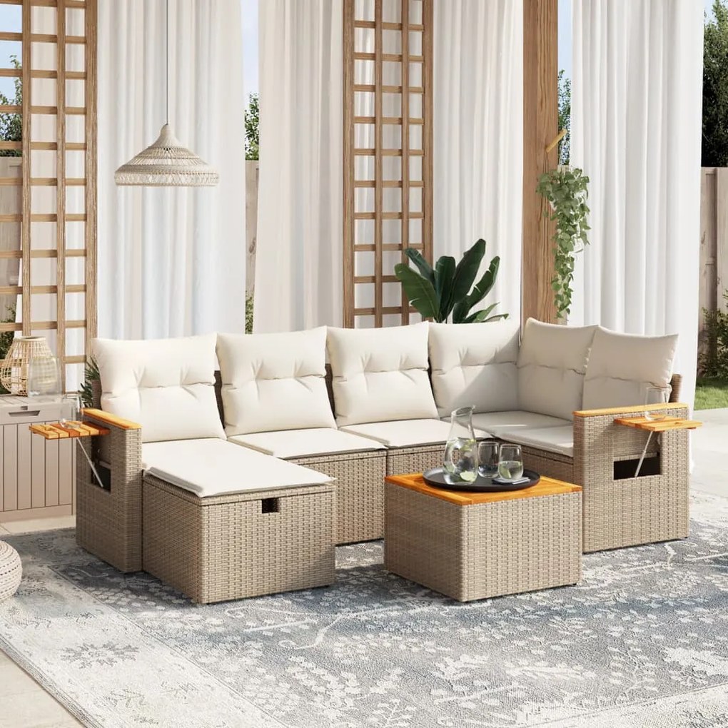 Set Divani da Giardino 7 pz con Cuscini Beige in Polyrattan