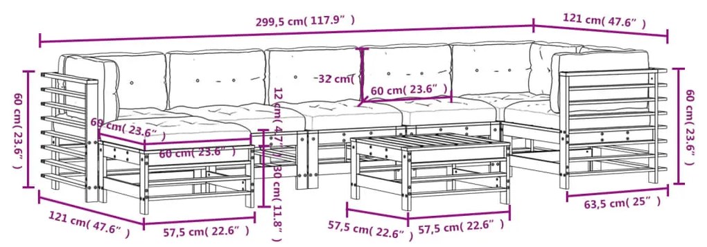 Set Divani da Giardino 8pz con Cuscini in Legno Massello Bianco