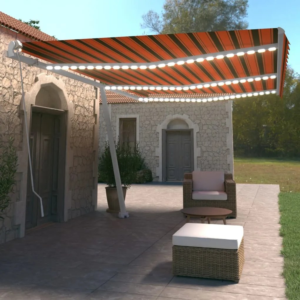 Tenda Da Sole Retrattile Manuale Led 600x350 Cm Arancio Marrone /