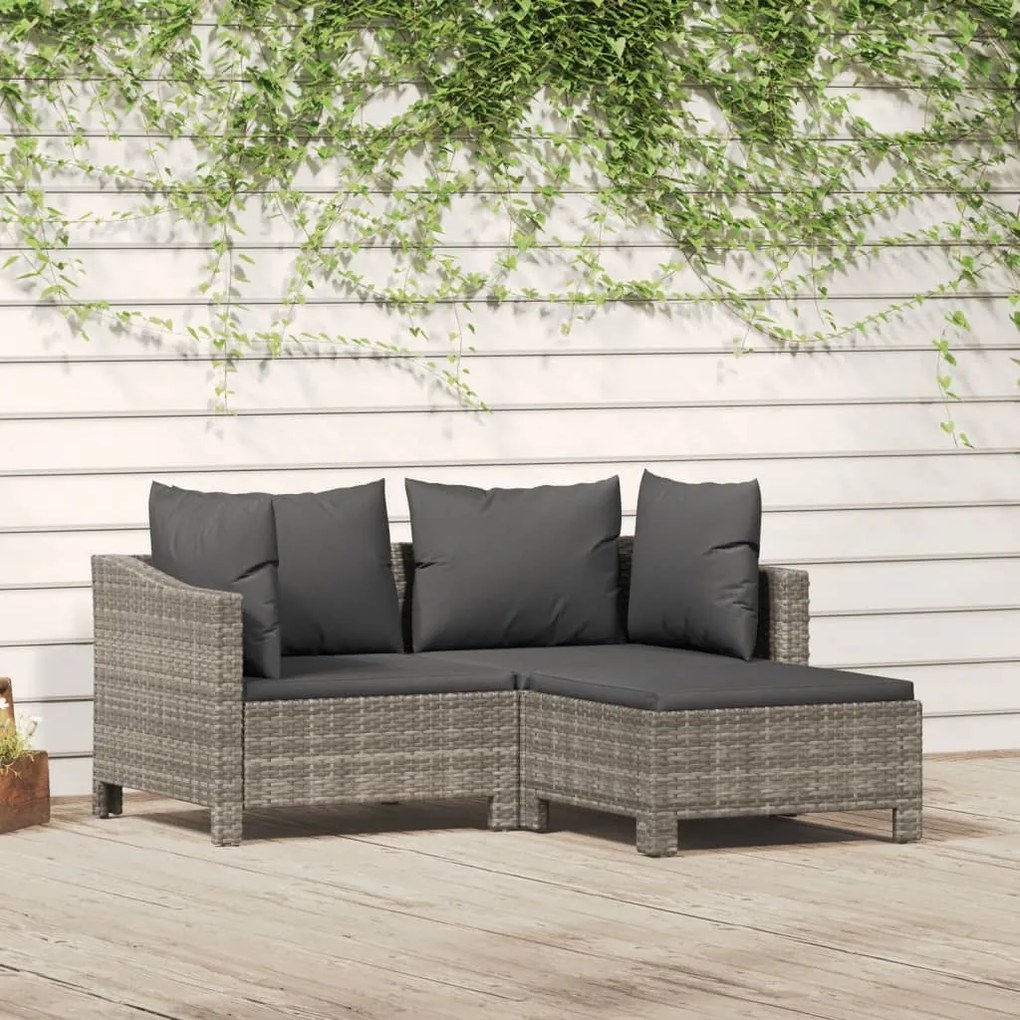 Set divani da giardino 3 pz con cuscini in polyrattan grigio