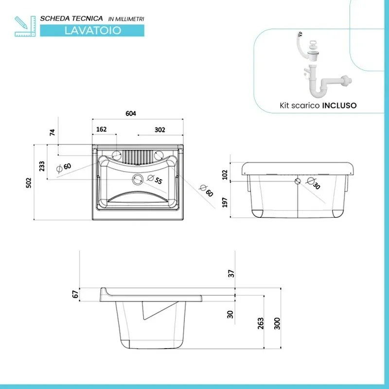 Mobile lavatoio wengè 60x50 con vasca e asse lavapanni in resina