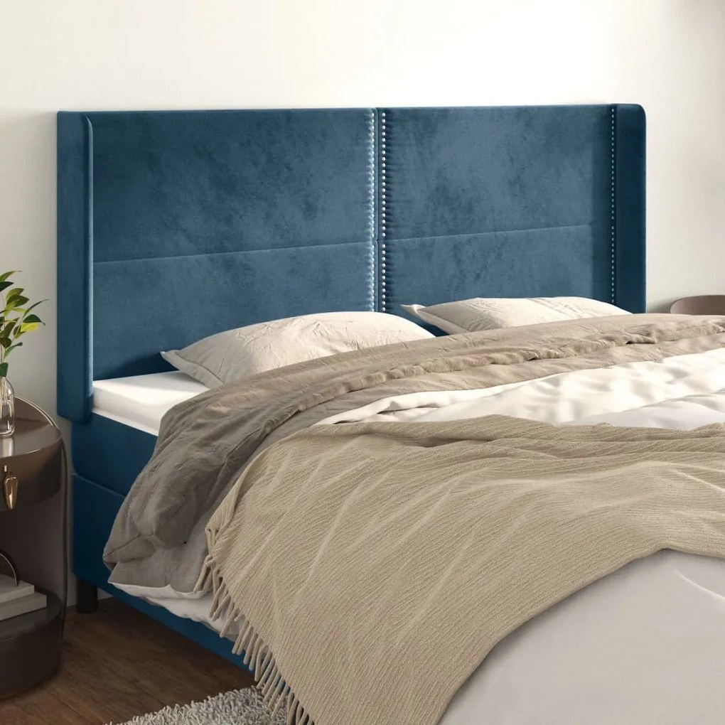 Testiera Ad Orecchio Blu Scuro 203x23x118/128 Cm İn Velluto /