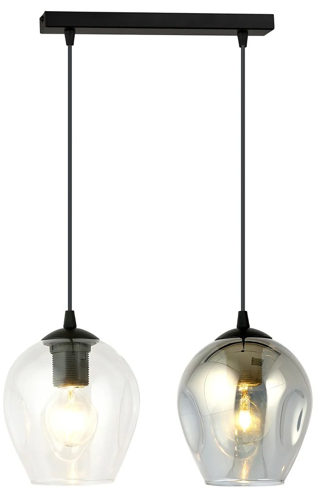 Lampadario 2 Luci Fuxi In Acciaio Nero E Vetri Fumè E Trasparente
