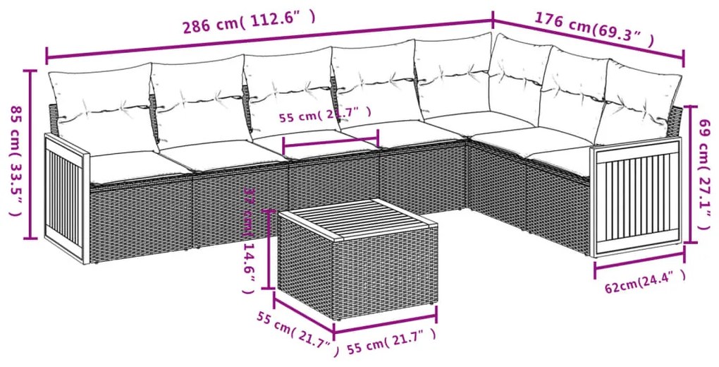 Set divani da giardino con cuscini 8 pz nero in polyrattan