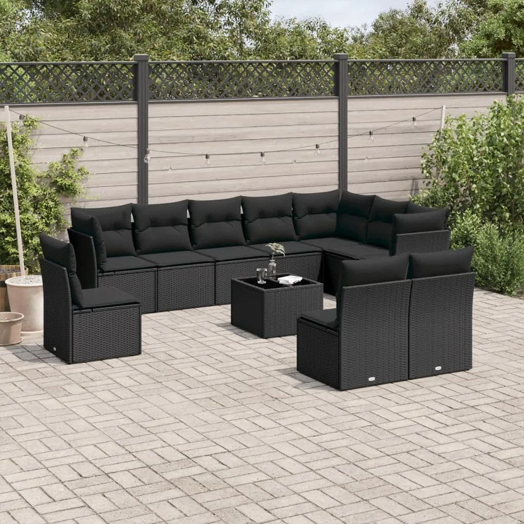 Set divani da giardino 11 pz con cuscini in polyrattan nero