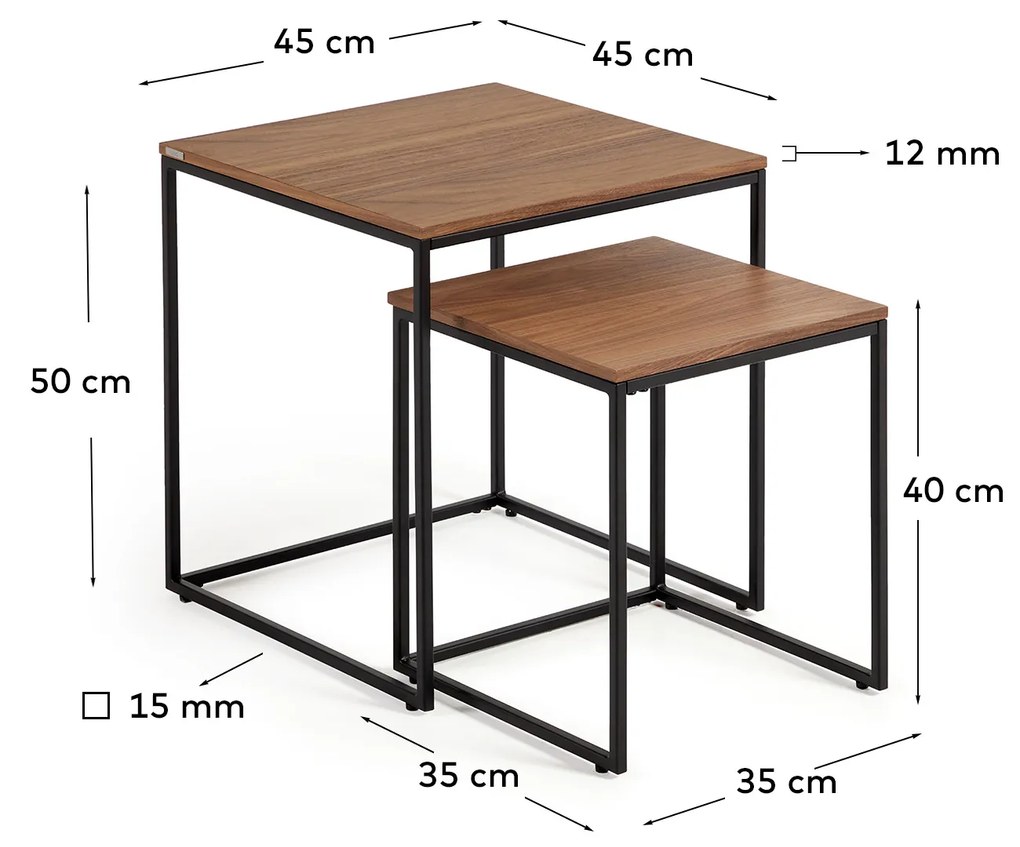 Kave Home - Set Yoana di 2 tavolini impiallacciati noce e struttura in metallo verniciato nero