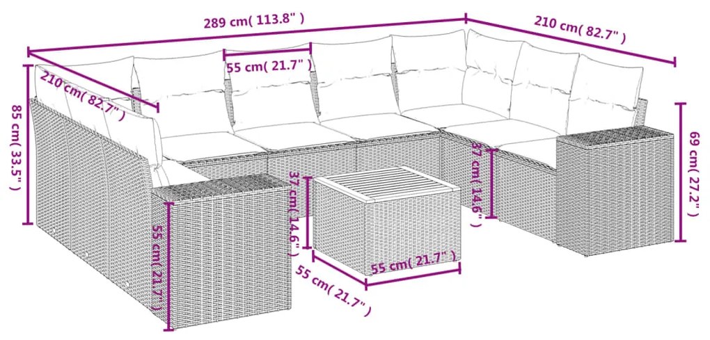 Set divano da giardino 10 pz con cuscini beige in polyrattan