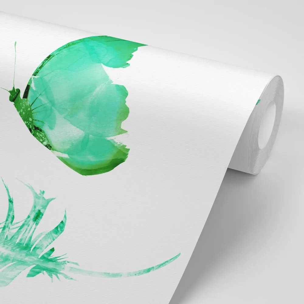 Carta da parati – Piuma con farfalla in stile verde