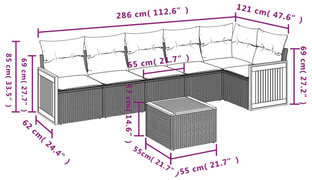 Set divani da giardino con cuscini 7pz nero polyrattan