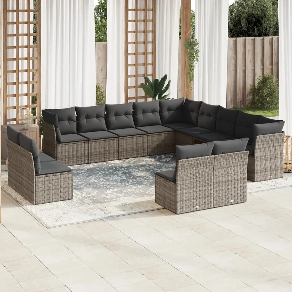 Set divani da giardino 13 pz con cuscini grigio in polyrattan