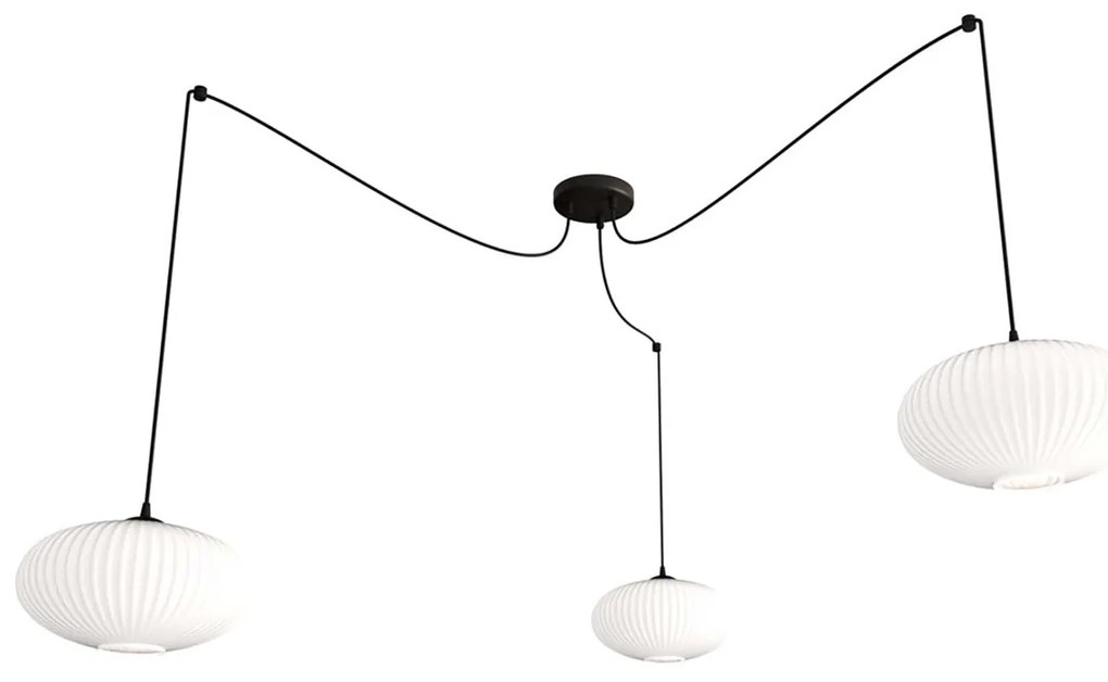 Lampadario 3 Luci Elios In Acciaio Nero Paralume Plissettato Bianco