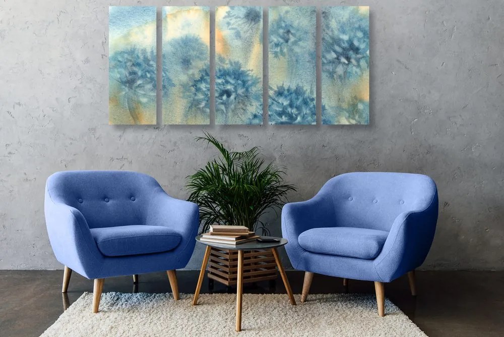 Quadri 5 pezzi – Dente di leone blu in versione acquerello