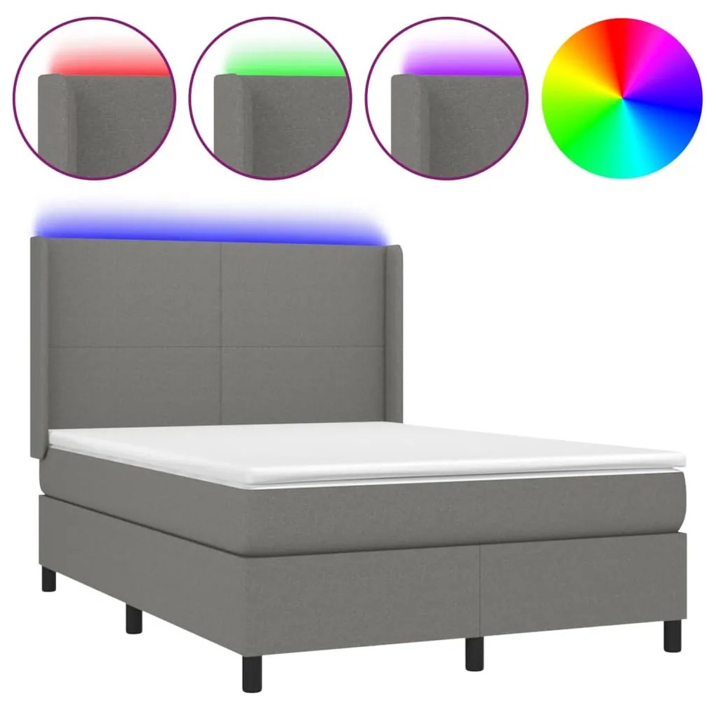 Letto a molle materasso e led grigio scuro 140x190cm in tessuto