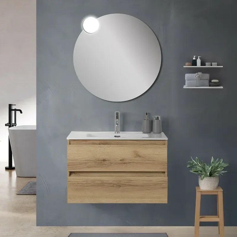 Mobile bagno sospeso 80 cm in legno quercia naturale 2 cassettoni con lavabo e specchio Leda