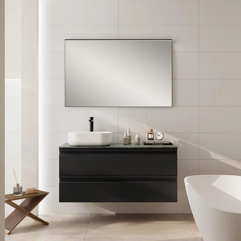 Mobile Pull L120 H55 P45 grafite opaco laccato 2 cassetti a chiusura ammortizzata e top gres nero Creta per lavabo in appoggio, piedini non inclusi