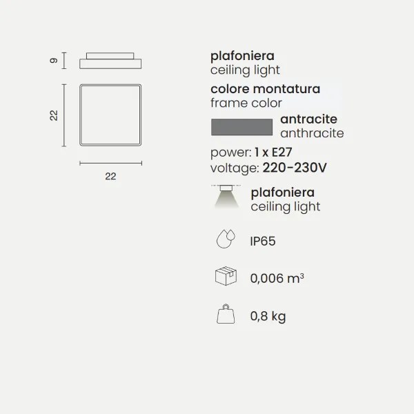 Plafoniera per esterni 22x22 cm in Abs Antracite PICCA